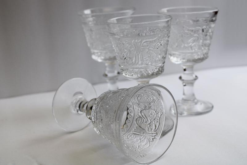 photo of vintage Duncan & Miller sandwich pattern glass wine glasses, set of four goblets #5