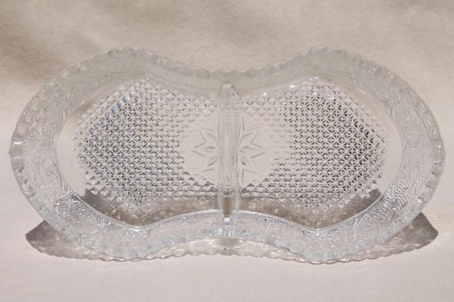 photo of vintage Duncan & Miller sandwich pattern pressed glass relish tray, two part divided dish #2