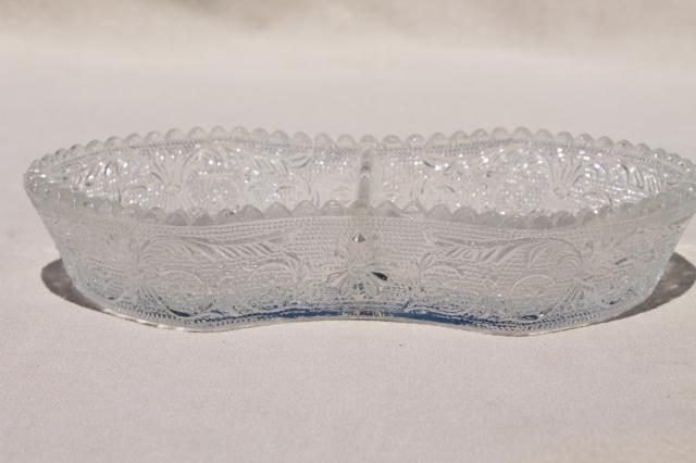 photo of vintage Duncan & Miller sandwich pattern pressed glass relish tray, two part divided dish #4
