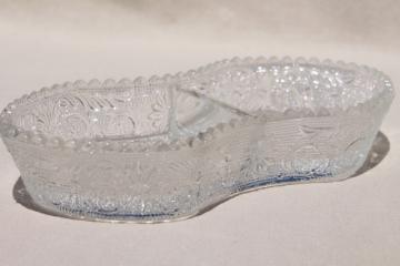 catalog photo of vintage Duncan & Miller sandwich pattern pressed glass relish tray, two part divided dish