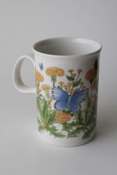 catalog photo of vintage Dunoon bone china tea mug or coffee cup, spring wildflowers weeds dandelions & butterflies