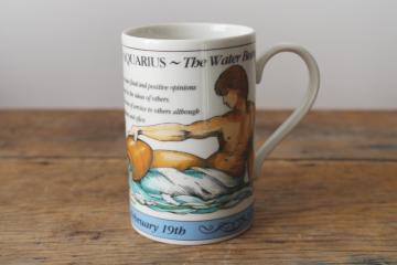 catalog photo of vintage Dunoon china tea mug or coffee cup, Zodiac Aquarius astrological sign 