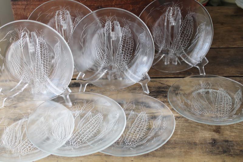 photo of vintage Duralex France clear glass salad plates, sweet corn ears garden harvest pattern  #1