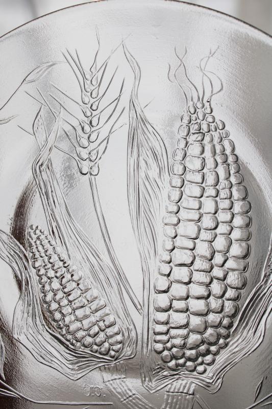 photo of vintage Duralex France clear glass salad plates, sweet corn ears garden harvest pattern  #2