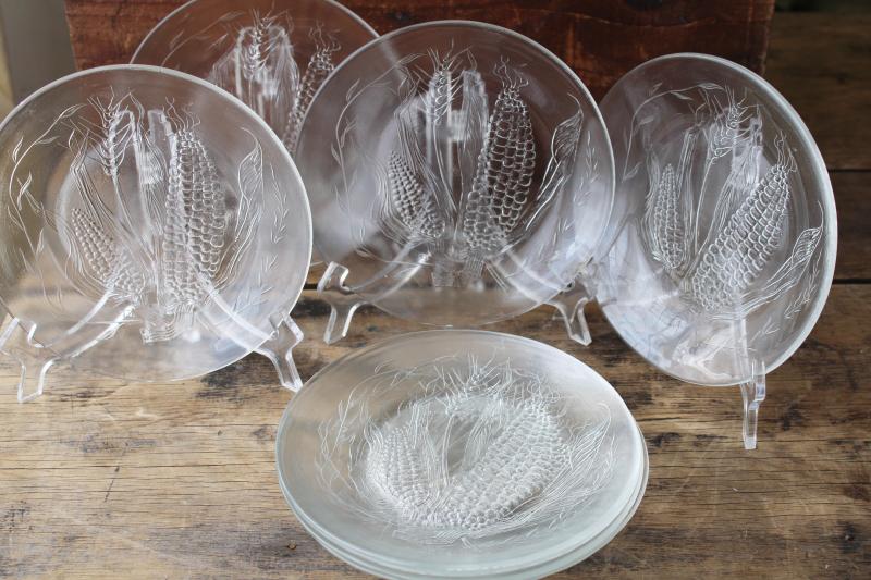 photo of vintage Duralex France clear glass salad plates, sweet corn ears garden harvest pattern  #6