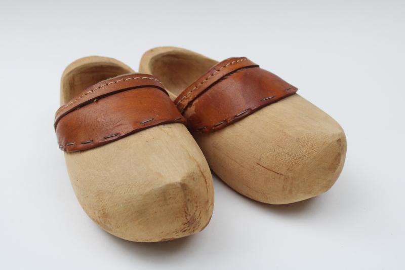 photo of vintage Dutch klompen wooden shoes, little clogs w/ leather trim, old world farmhouse style #3