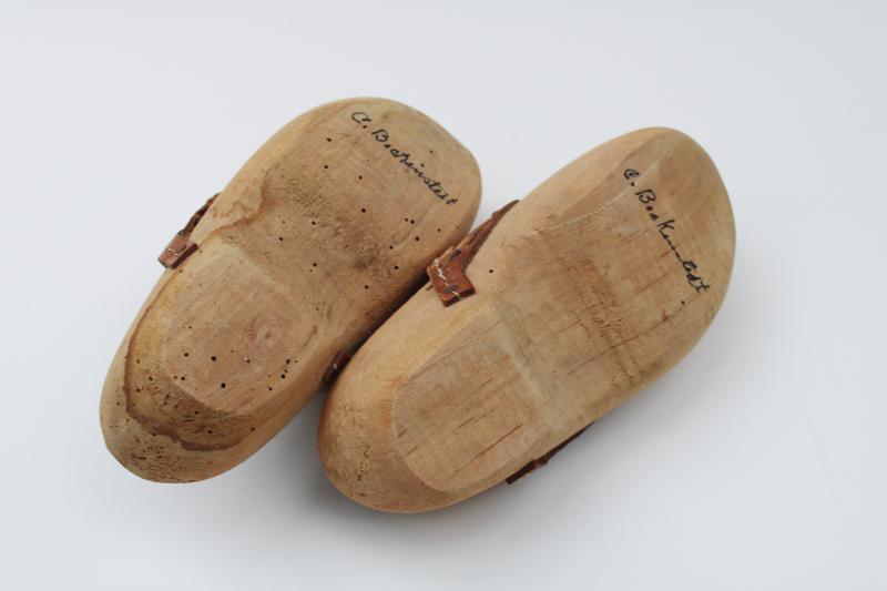 photo of vintage Dutch klompen wooden shoes, little clogs w/ leather trim, old world farmhouse style #4