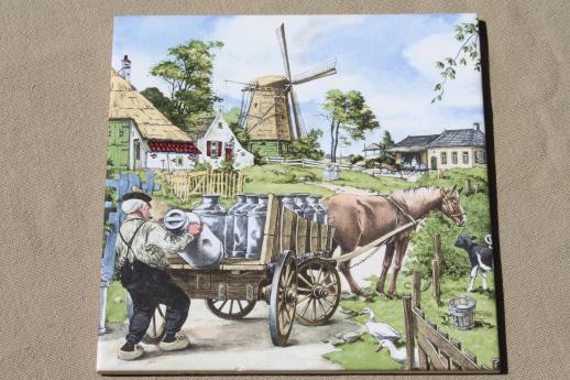 photo of vintage Dutch pottery tiles w/ scenes of old Holland, farmer w/ milk cans #2