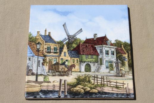 photo of vintage Dutch pottery tiles w/ scenes of old Holland, farmer w/ milk cans #3