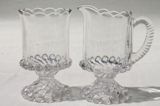 photo of vintage EAPG glass table set, large cream pitcher and sugar bowl, McKee ball & swirl pattern #1