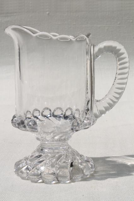 photo of vintage EAPG glass table set, large cream pitcher and sugar bowl, McKee ball & swirl pattern #2