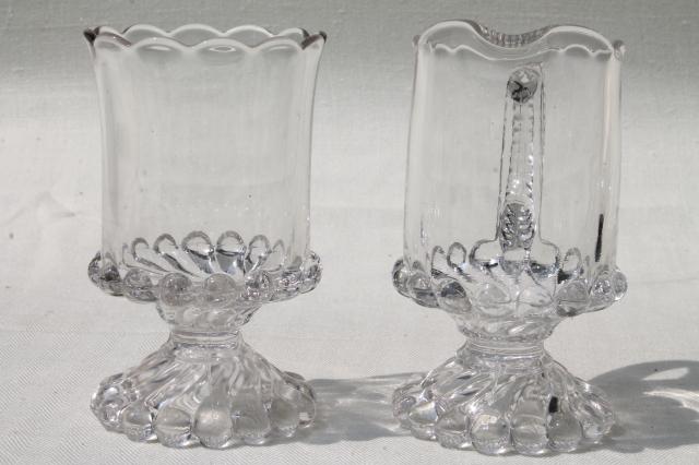 photo of vintage EAPG glass table set, large cream pitcher and sugar bowl, McKee ball & swirl pattern #4