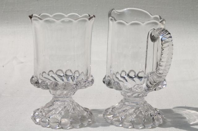 photo of vintage EAPG glass table set, large cream pitcher and sugar bowl, McKee ball & swirl pattern #5