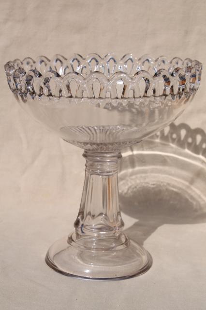 photo of vintage EAPG open lace edge compote, large antique pattern glass bowl w/ column pedestal #1