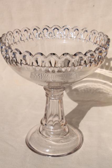 photo of vintage EAPG open lace edge compote, large antique pattern glass bowl w/ column pedestal #8