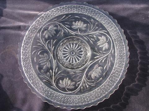 photo of vintage EAPG or depression glass cake plate, lovely floral pattern #1