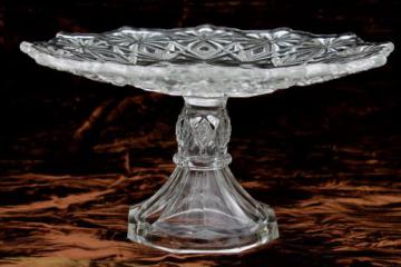 catalog photo of vintage Early American pressed glass cake stand, floral diamond Shoshone pattern glass