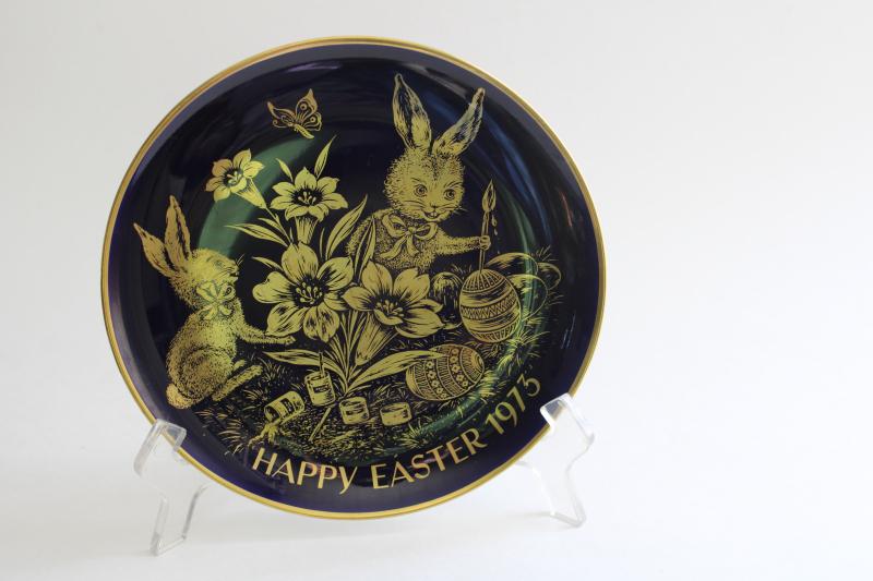 photo of vintage Easter 1975 china plate, cobalt blue w/ gold bunnies & eggs Western Germany #1