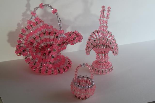 photo of vintage Easter baskets, pink plastic beaded safety pin basket collection #2