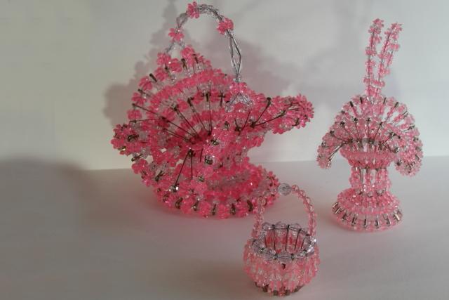 photo of vintage Easter baskets, pink plastic beaded safety pin basket collection #3