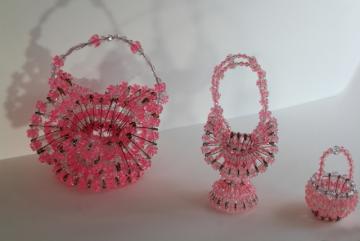 catalog photo of vintage Easter baskets, pink plastic beaded safety pin basket collection