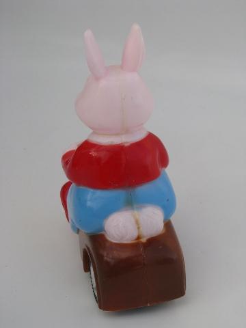 photo of vintage Easter bunny car, painted hard plastic friction toy, Hong Kong #5