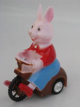 catalog photo of vintage Easter bunny car, painted hard plastic friction toy, Hong Kong