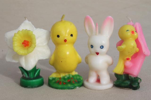 photo of vintage Easter candles Gurley holiday figural novelty candle set, daffodil, baby bird, chick #1