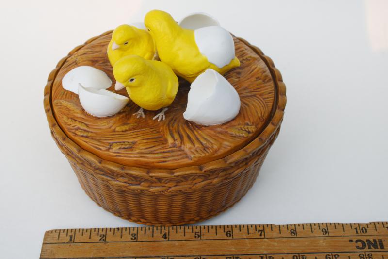 photo of vintage Easter dish w/ just hatched baby chicks, handmade painted ceramic box w/ lid #7