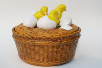 catalog photo of vintage Easter dish w/ just hatched baby chicks, handmade painted ceramic box w/ lid