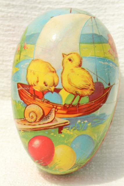 photo of vintage Easter egg candy container, Western Germany paper papier mache egg w/ chicks #1