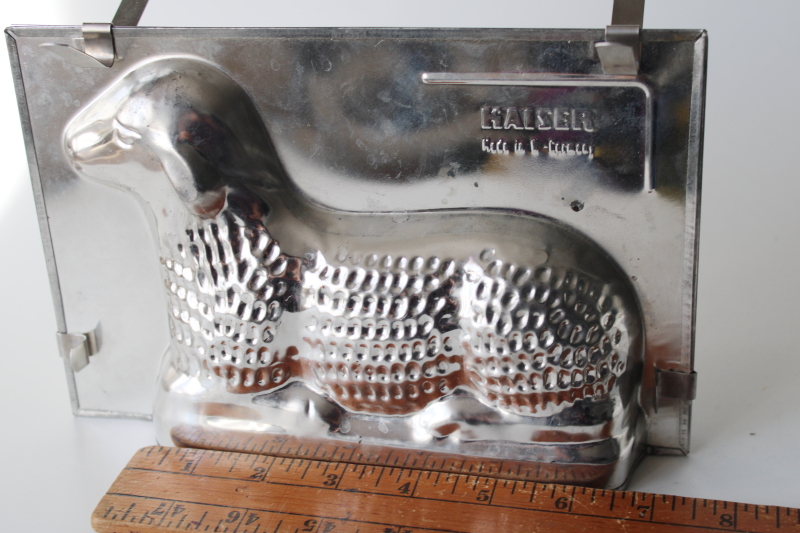 photo of vintage Easter lamb tinned metal mold cake baking pan w/ clips, Kaiser West Germany #5