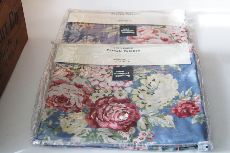 photo of vintage Eddie Bauer Rose Bouquet print cotton valances floral on blue curtain panels new in package  #1