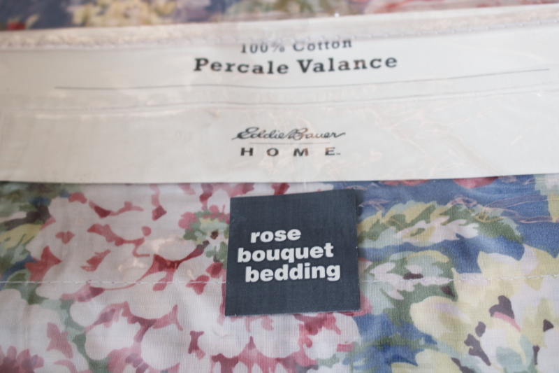 photo of vintage Eddie Bauer Rose Bouquet print cotton valances floral on blue curtain panels new in package  #2