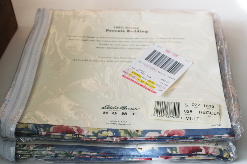 photo of vintage Eddie Bauer Rose Bouquet print cotton valances floral on blue curtain panels new in package  #6