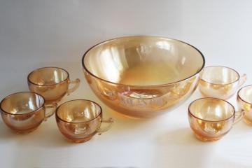 catalog photo of vintage Egg Nog set, carnival glass punch bowl & cups, Jeannette marigold iridescent luster color