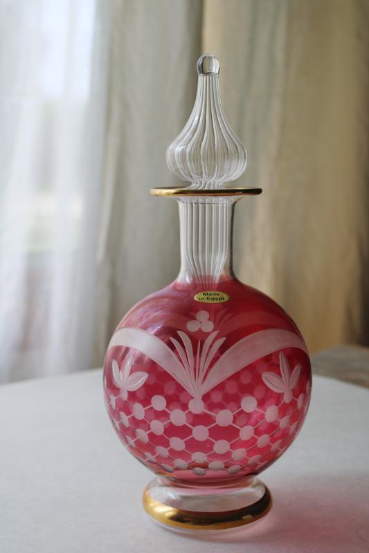 photo of vintage Egyptian glass bottle, large decanter or perfume bottle hand blown glass #1