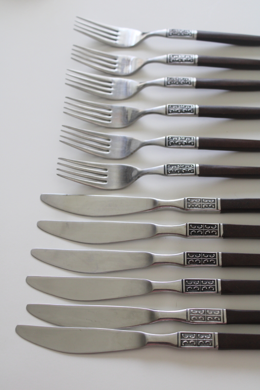 photo of vintage Ekco Eterna La Joya stainless flatware, rosewood melamine handles dinner forks & knives  #2