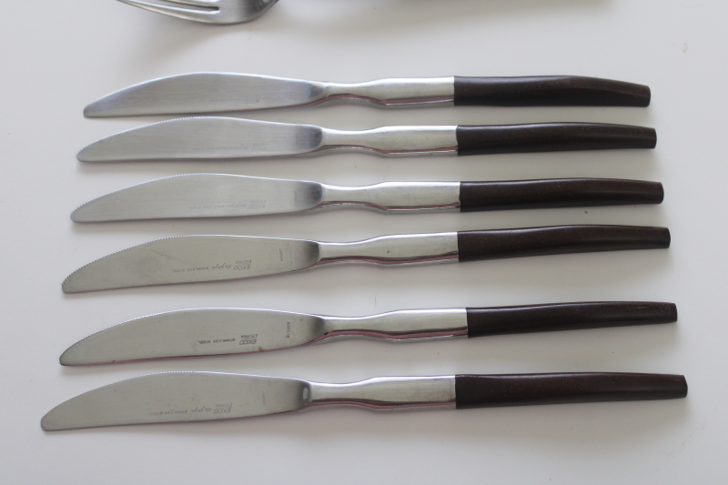 photo of vintage Ekco Eterna La Joya stainless flatware, rosewood melamine handles dinner forks & knives  #4