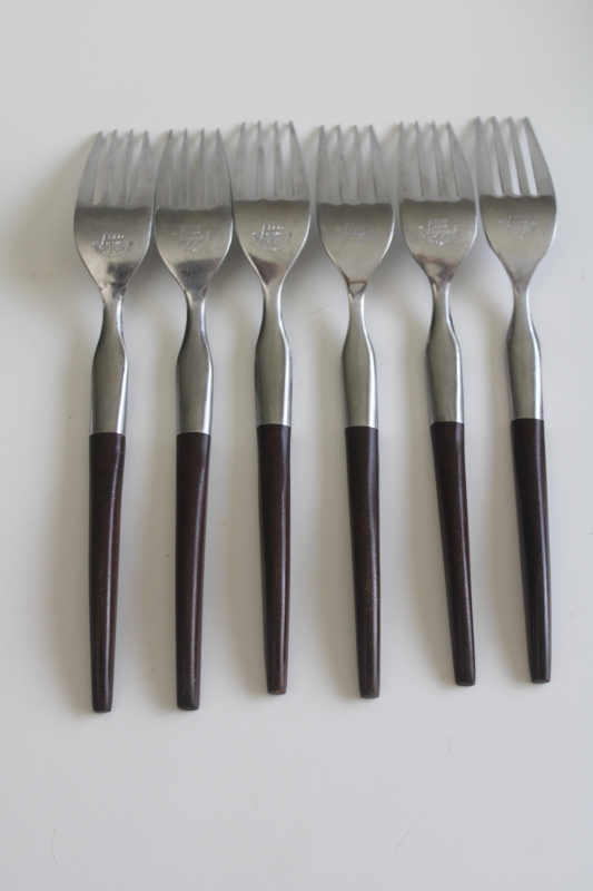 photo of vintage Ekco Eterna La Joya stainless flatware, rosewood melamine handles dinner forks & knives  #5