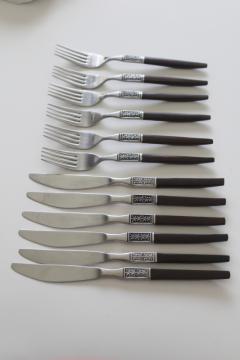 catalog photo of vintage Ekco Eterna La Joya stainless flatware, rosewood melamine handles dinner forks & knives 