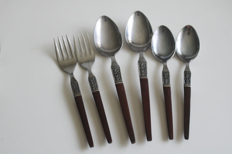 photo of vintage Ekco Eterna La Joya stainless flatware, rosewood melamine handles spoons & forks  #1