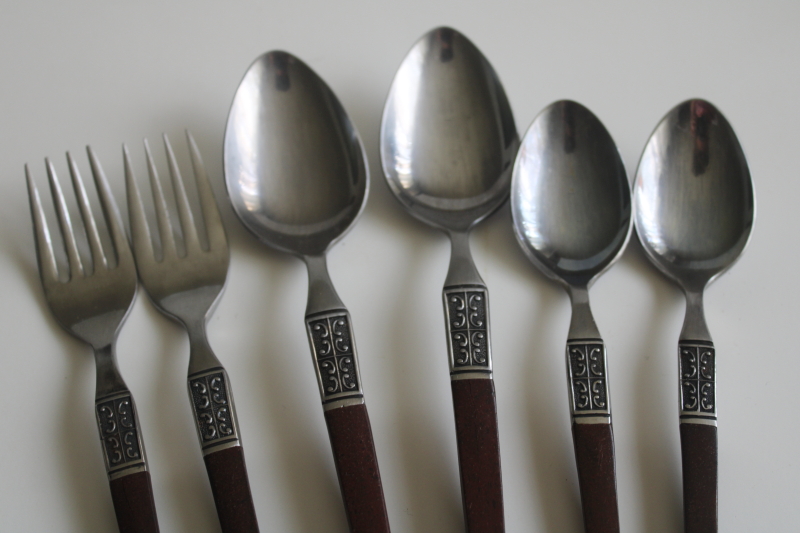 photo of vintage Ekco Eterna La Joya stainless flatware, rosewood melamine handles spoons & forks  #2