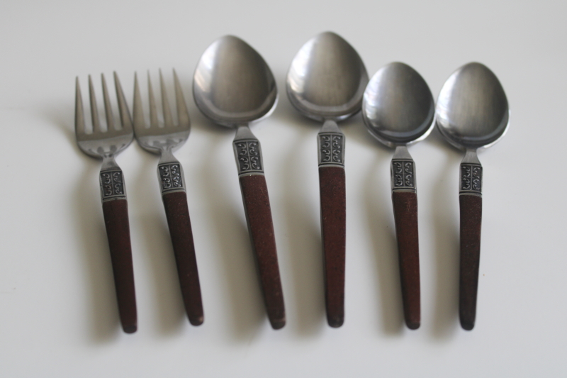 photo of vintage Ekco Eterna La Joya stainless flatware, rosewood melamine handles spoons & forks  #3