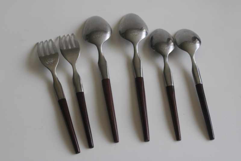 photo of vintage Ekco Eterna La Joya stainless flatware, rosewood melamine handles spoons & forks  #4