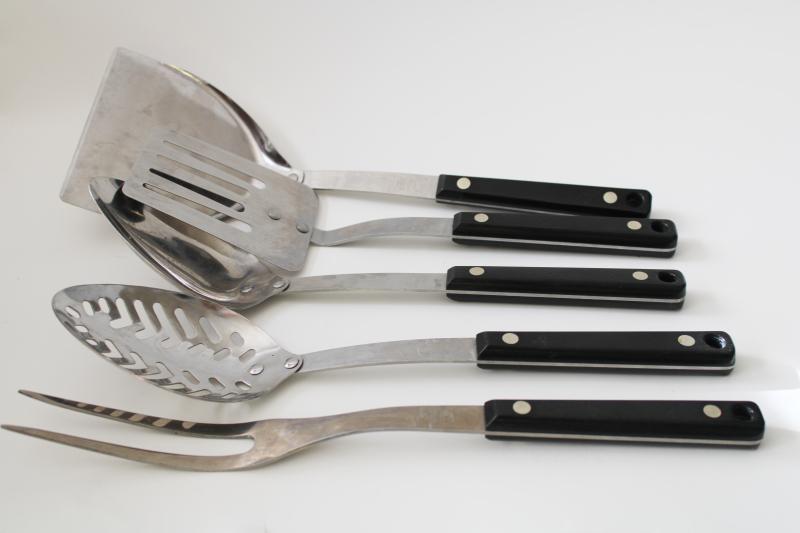 photo of vintage Ekco Flint stainless steel kitchen utensils, black handles phenolic plastic #1