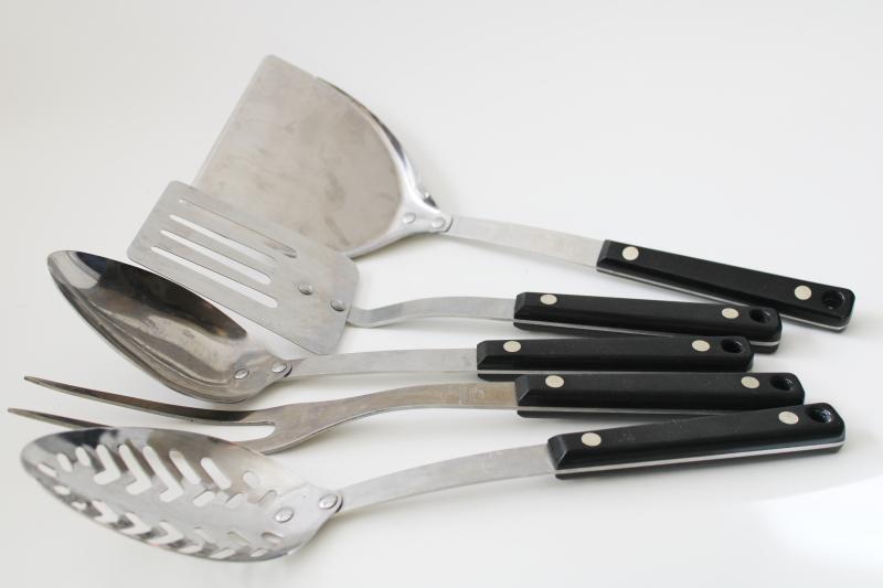 photo of vintage Ekco Flint stainless steel kitchen utensils, black handles phenolic plastic #5