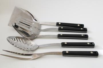 catalog photo of vintage Ekco Flint stainless steel kitchen utensils, black handles phenolic plastic