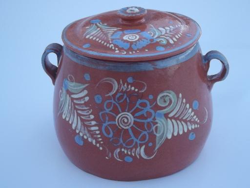 photo of vintage El Palomar Mexican pottery jar, hand painted Mexico folk art #1