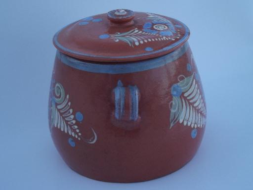 photo of vintage El Palomar Mexican pottery jar, hand painted Mexico folk art #5